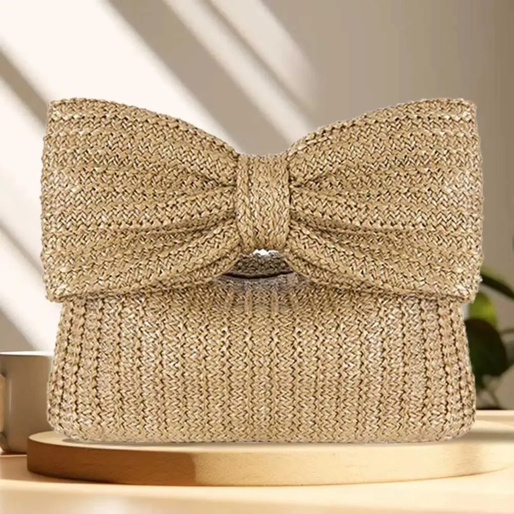 Women Straw Woven Handbag Zipper Closure with Bow Straw Summer Handbag Versatile Female Party Wedding Bag