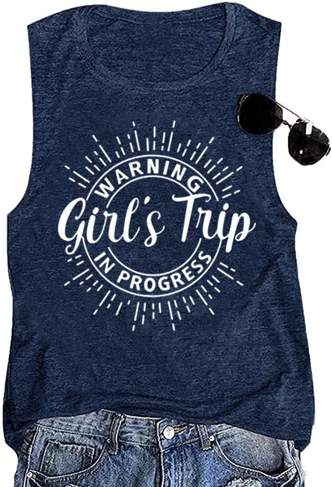 Women Vacation Tank Tops Summer Warning Girls Trip in Progress Shirts Letter Printed Graphic Sleeveless Tee