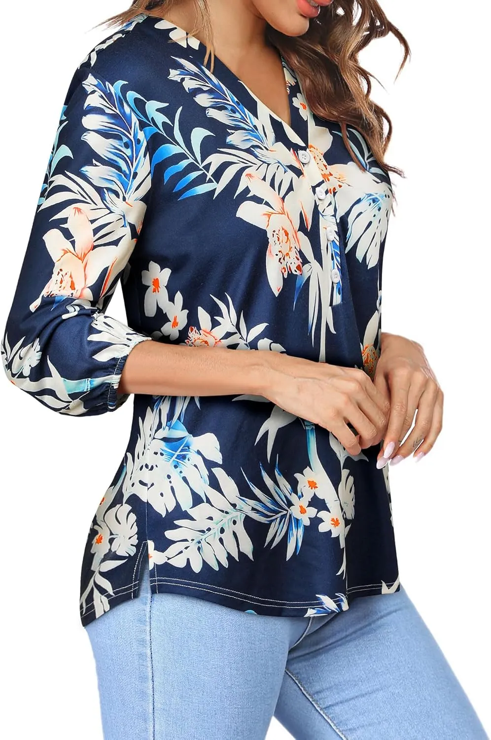 Womens 3/4 Sleeve Hawaiian Shirts V Neck Summer Floral Printed Shirt Casual Buttons Down Soft Tunic Tops