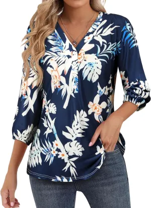 Womens 3/4 Sleeve Hawaiian Shirts V Neck Summer Floral Printed Shirt Casual Buttons Down Soft Tunic Tops