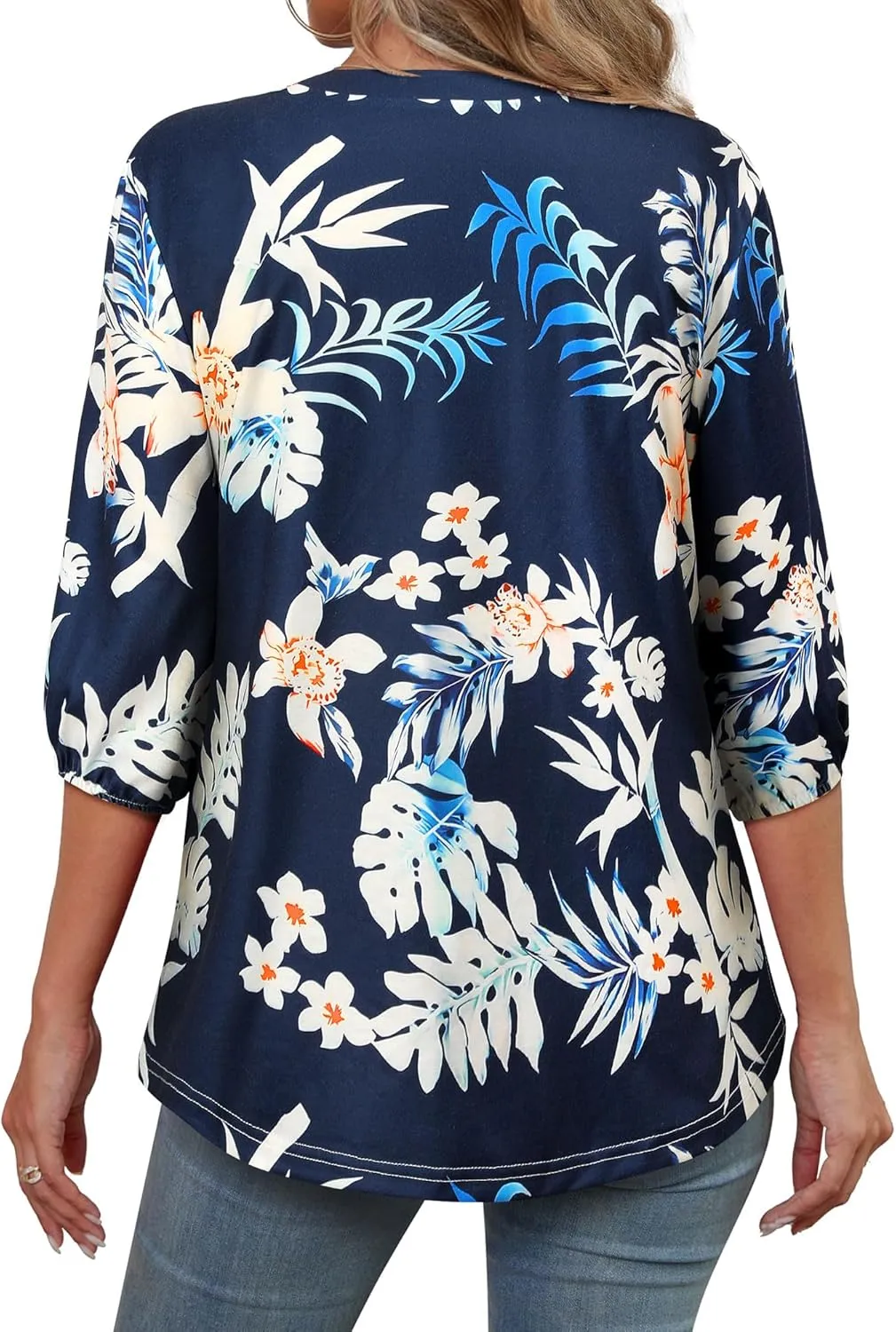 Womens 3/4 Sleeve Hawaiian Shirts V Neck Summer Floral Printed Shirt Casual Buttons Down Soft Tunic Tops