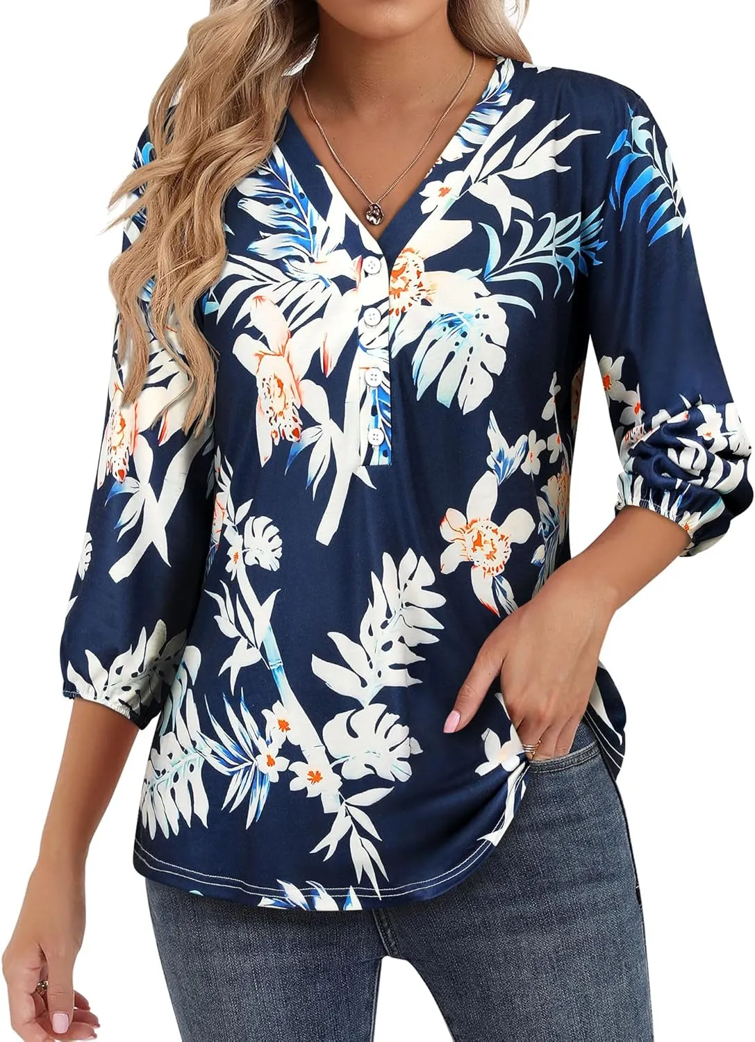 Womens 3/4 Sleeve Hawaiian Shirts V Neck Summer Floral Printed Shirt Casual Buttons Down Soft Tunic Tops