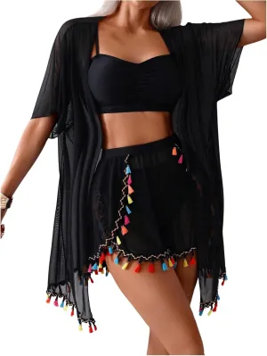 Women's 4 Piece Boho Tassel Bikini Set Spaghetti Strap High Cut Swimsuit with Cover Up Beachwear