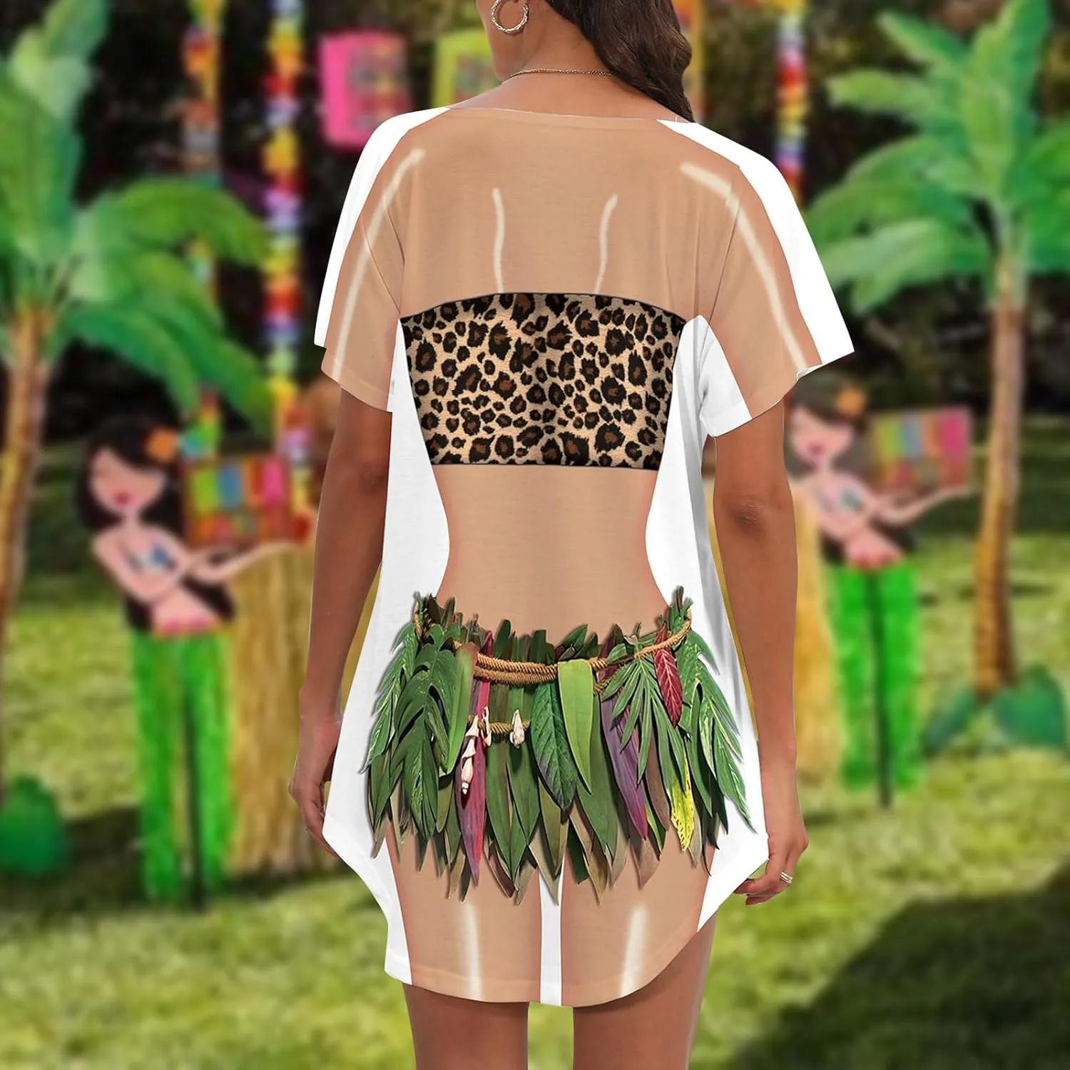 Women's Bikini Body Printed T Shirt Short Sleeve Beach Cover Up Luau Party Hawaiian Shirt