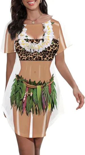 Women's Bikini Body Printed T Shirt Short Sleeve Beach Cover Up Luau Party Hawaiian Shirt