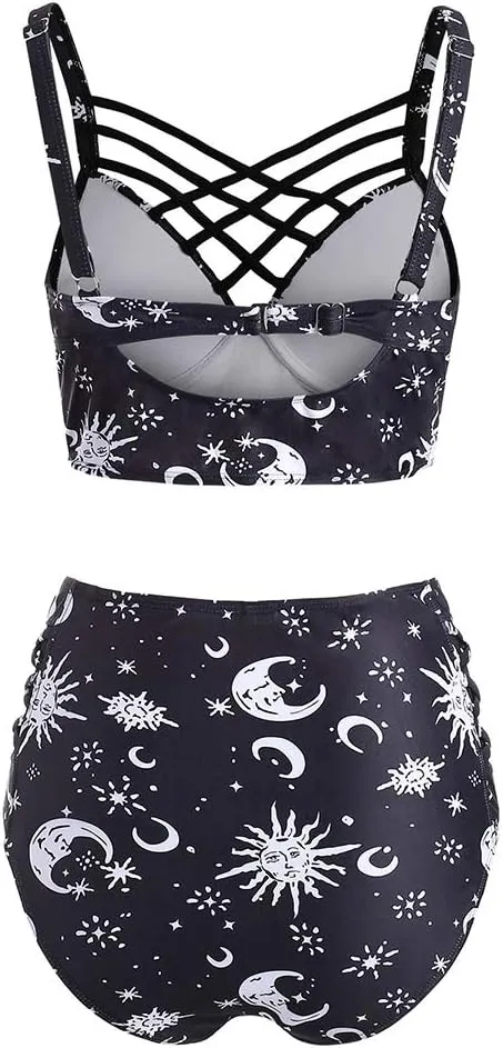 Women's Bikini Summer Bathing Suit Sun Star Moon Lattice High Waisted Tankini Swimsuit
