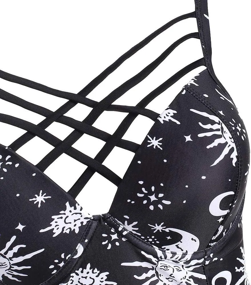 Women's Bikini Summer Bathing Suit Sun Star Moon Lattice High Waisted Tankini Swimsuit