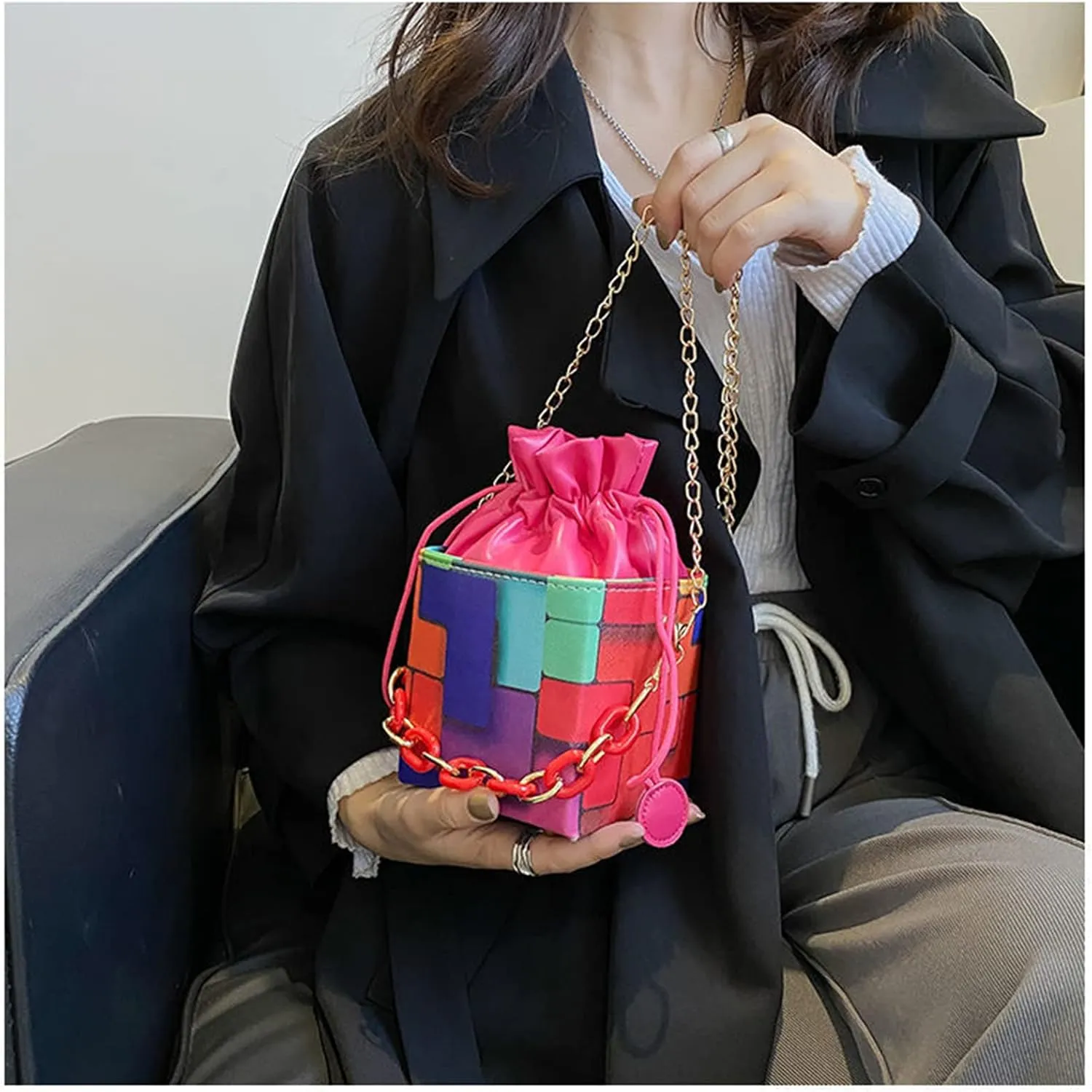 Women's Cube Shape Handbag Magic Shoulder Bag Clutch Bag with Super Long Shoulder Strap Camera Shoulder Bag PU Leather