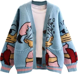 Womens Cute Embroidery Cartoon Duck Cable Knit Cardigans Sweater Button Down Slouchy Wool Blend Coat