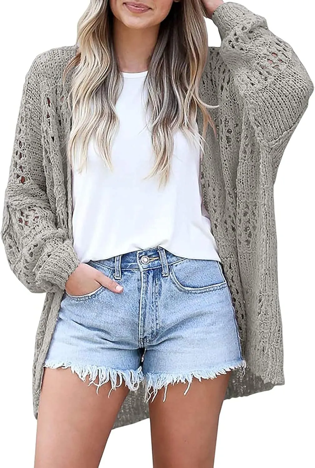 Women's Fashion Beach Kimonos Oversized Button Lightweight Sweaters V Neck Loose Cardigans Women Cardigan 3/4