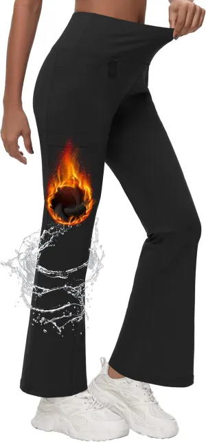 Women's Fleece Lined Flare Leggings Winter Warm Water Resistant Pants Outdoor Hiking Thermal Scrub Snow Travel Bootcut Pant