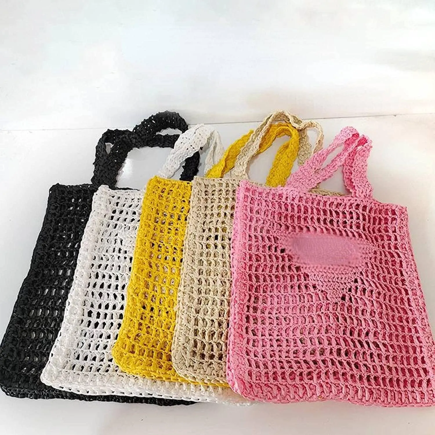 Womens Handmade Straw Bag,Travel Beach Tote Fishing mesh Bag,Straw Woven Beach Bag Weaving Hollow Handbag