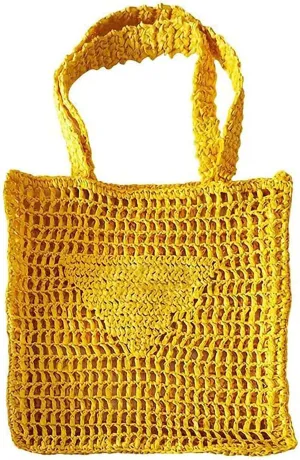 Womens Handmade Straw Bag,Travel Beach Tote Fishing mesh Bag,Straw Woven Beach Bag Weaving Hollow Handbag