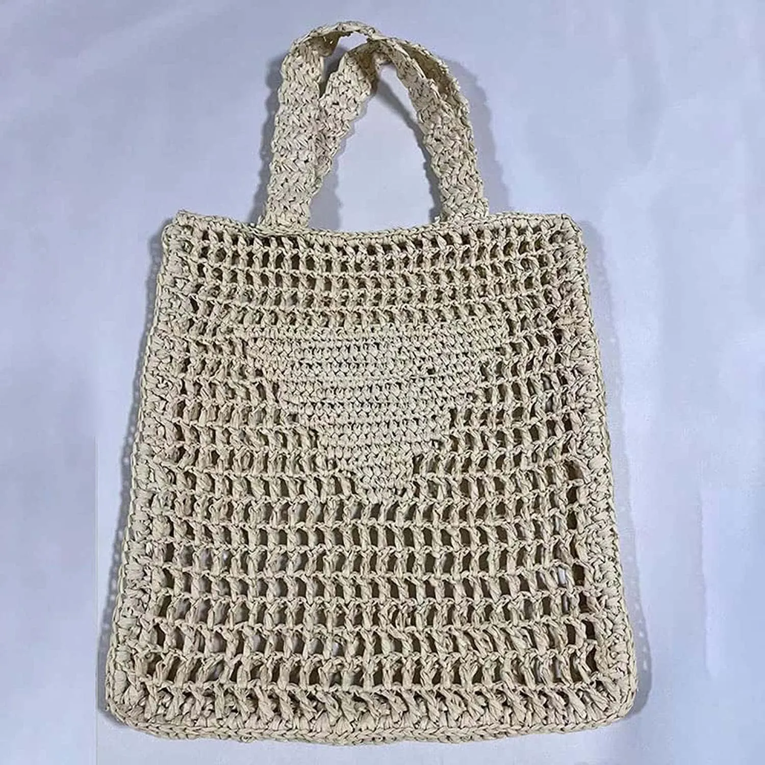 Womens Handmade Straw Bag,Travel Beach Tote Fishing mesh Bag,Straw Woven Beach Bag Weaving Hollow Handbag