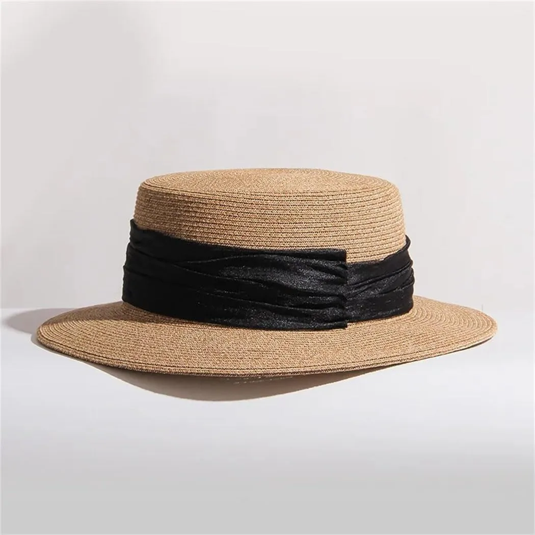 Women's Handwoven Straw Hats Spring Summer Beach Wide Brim Sum-Hat Vintage Flat Top Panama Caps