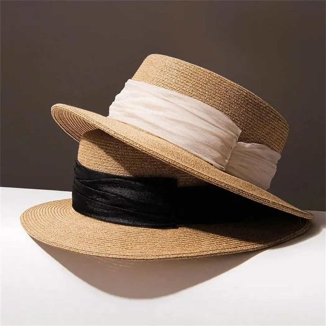 Women's Handwoven Straw Hats Spring Summer Beach Wide Brim Sum-Hat Vintage Flat Top Panama Caps