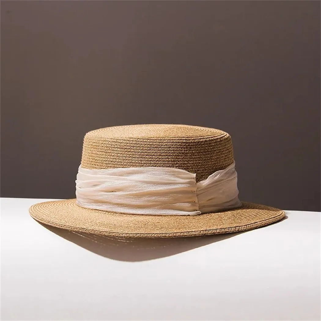 Women's Handwoven Straw Hats Spring Summer Beach Wide Brim Sum-Hat Vintage Flat Top Panama Caps