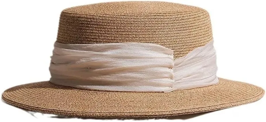 Women's Handwoven Straw Hats Spring Summer Beach Wide Brim Sum-Hat Vintage Flat Top Panama Caps