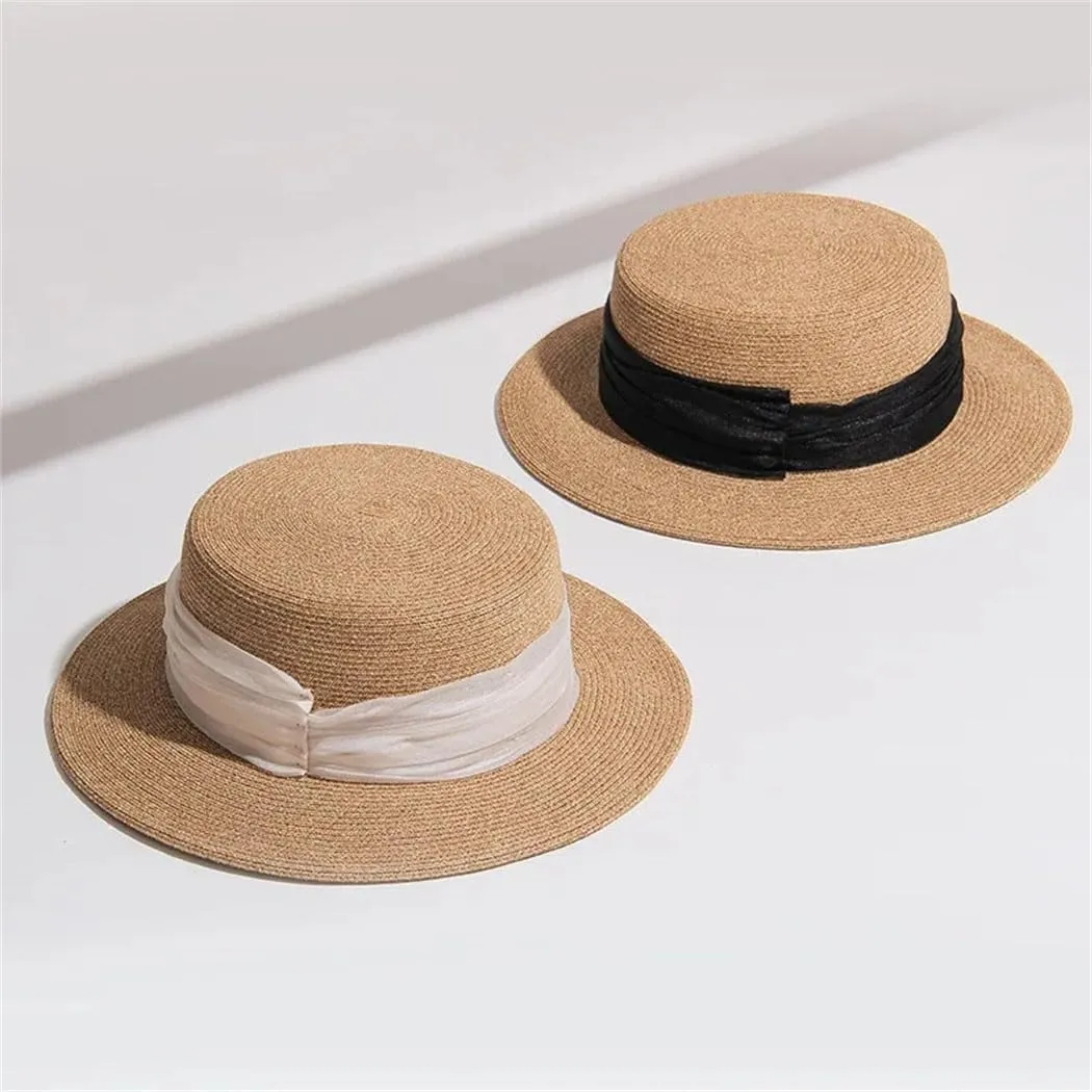 Women's Handwoven Straw Hats Spring Summer Beach Wide Brim Sum-Hat Vintage Flat Top Panama Caps
