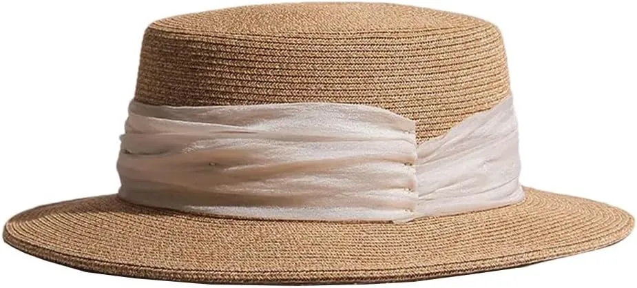 Women's Handwoven Straw Hats Spring Summer Beach Wide Brim Sum-Hat Vintage Flat Top Panama Caps