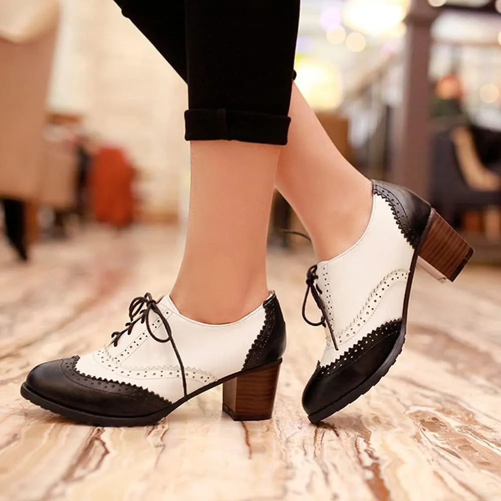 Women's Leather Vintage Oxfords Brogues Lace up Chunky Stacked Mid Heel Pumps Round Toe Dress Shoes