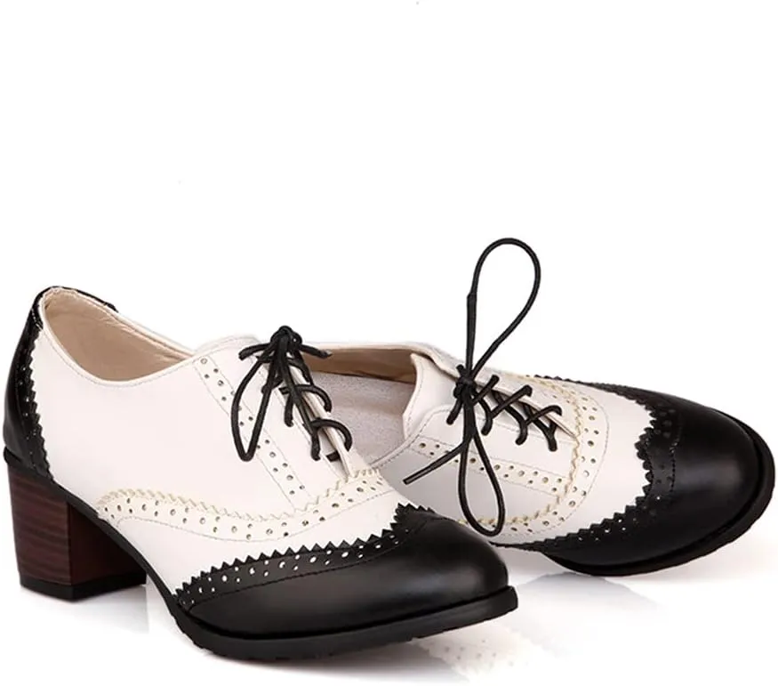 Women's Leather Vintage Oxfords Brogues Lace up Chunky Stacked Mid Heel Pumps Round Toe Dress Shoes