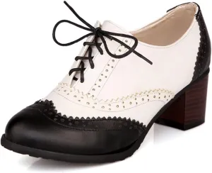 Women's Leather Vintage Oxfords Brogues Lace up Chunky Stacked Mid Heel Pumps Round Toe Dress Shoes