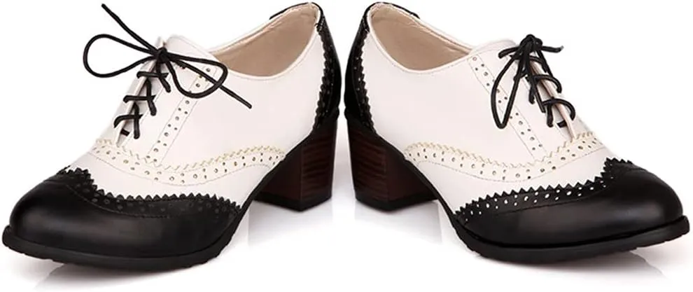 Women's Leather Vintage Oxfords Brogues Lace up Chunky Stacked Mid Heel Pumps Round Toe Dress Shoes