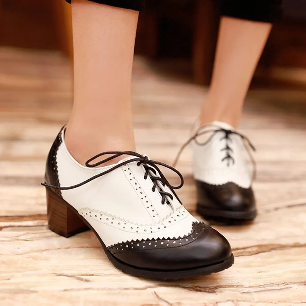 Women's Leather Vintage Oxfords Brogues Lace up Chunky Stacked Mid Heel Pumps Round Toe Dress Shoes