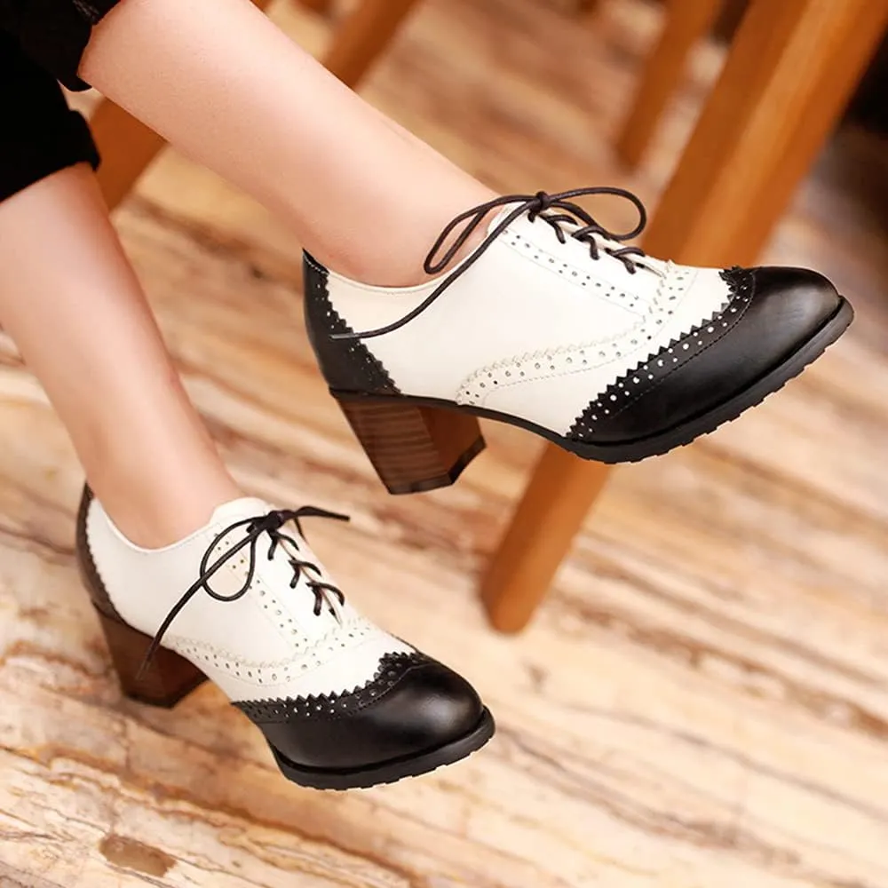 Women's Leather Vintage Oxfords Brogues Lace up Chunky Stacked Mid Heel Pumps Round Toe Dress Shoes
