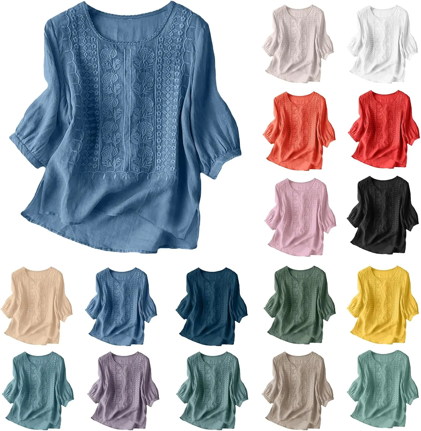 Women's Linen Blouse Tops Summer Shirts Loose Casual Work Tops Blouses Cotton Blouse Linen Shirt Roll Up Sleeve