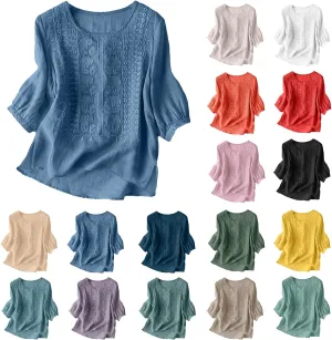 Women's Linen Blouse Tops Summer Shirts Loose Casual Work Tops Blouses Cotton Blouse Linen Shirt Roll Up Sleeve
