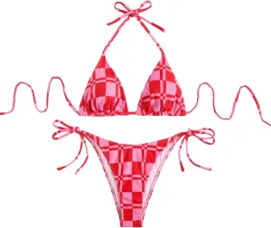 Women's Plaid Printed Bathing Suit Halter High Waist Summer Swimsuit Bikinis Set
