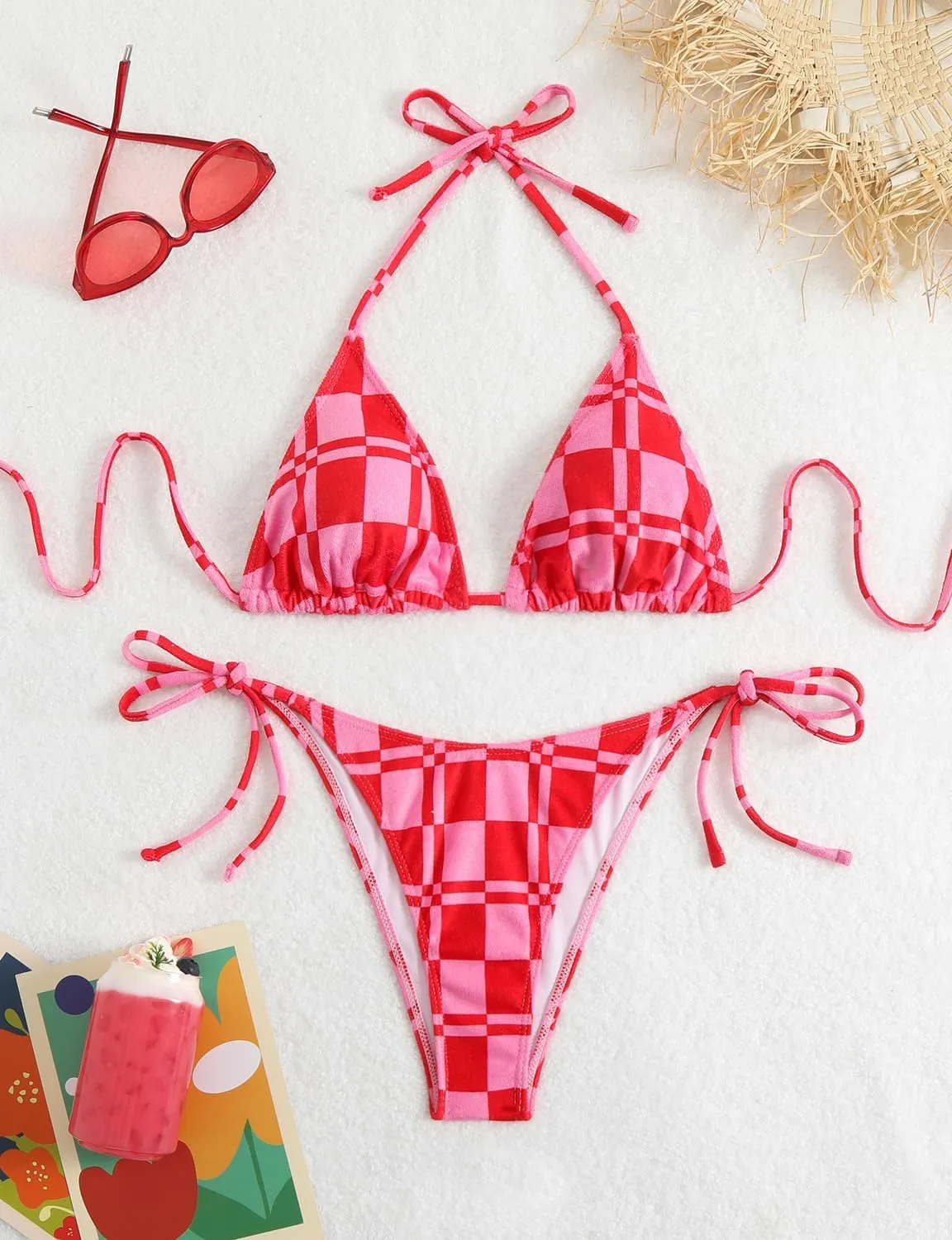 Women's Plaid Printed Bathing Suit Halter High Waist Summer Swimsuit Bikinis Set
