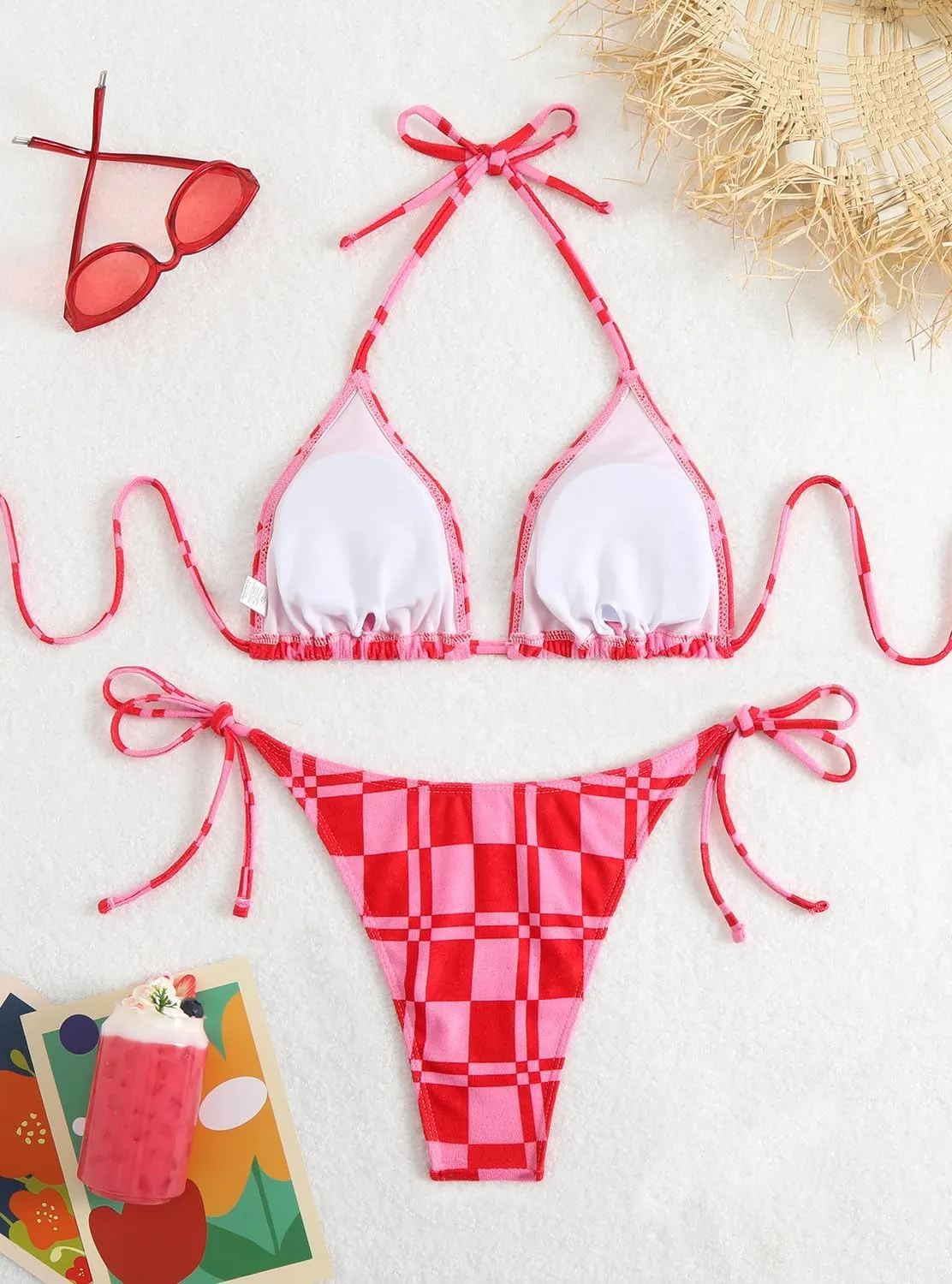 Women's Plaid Printed Bathing Suit Halter High Waist Summer Swimsuit Bikinis Set