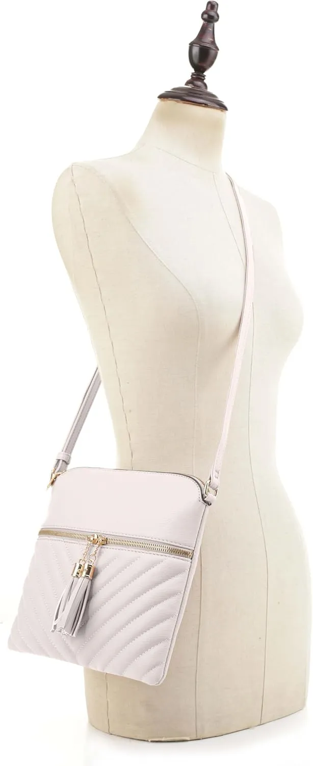 Women's Quilted Chevron Diamond Slim Multi Pocket Tassel Zipper Messenger Crossbody