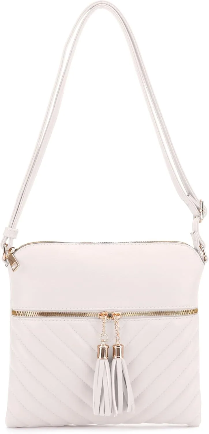Women's Quilted Chevron Diamond Slim Multi Pocket Tassel Zipper Messenger Crossbody
