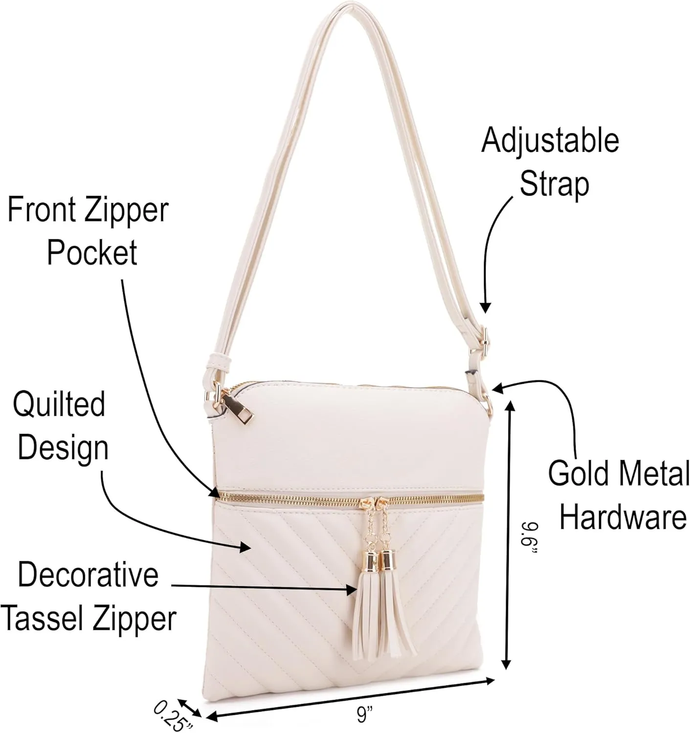 Women's Quilted Chevron Diamond Slim Multi Pocket Tassel Zipper Messenger Crossbody