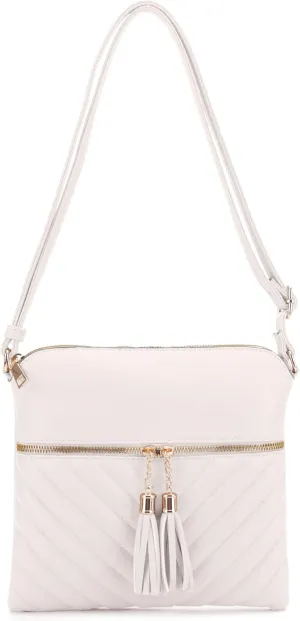 Women's Quilted Chevron Diamond Slim Multi Pocket Tassel Zipper Messenger Crossbody