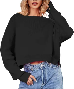 Women's Striped Sweater Winter 2024 Round Neck Long Sleeve Casual Loose Shirt High Waist Wide Hem Solid Knit Sweater