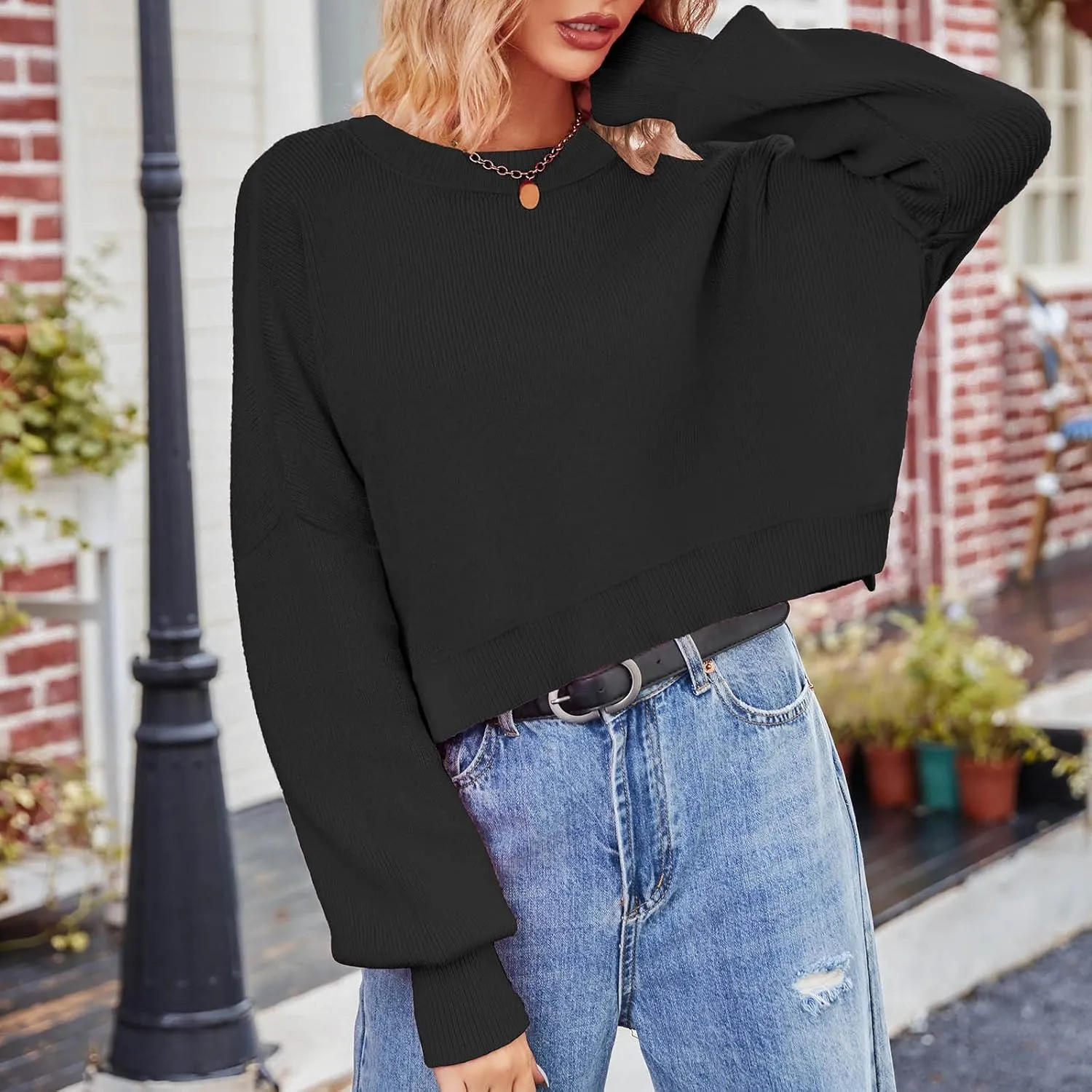 Women's Striped Sweater Winter 2024 Round Neck Long Sleeve Casual Loose Shirt High Waist Wide Hem Solid Knit Sweater