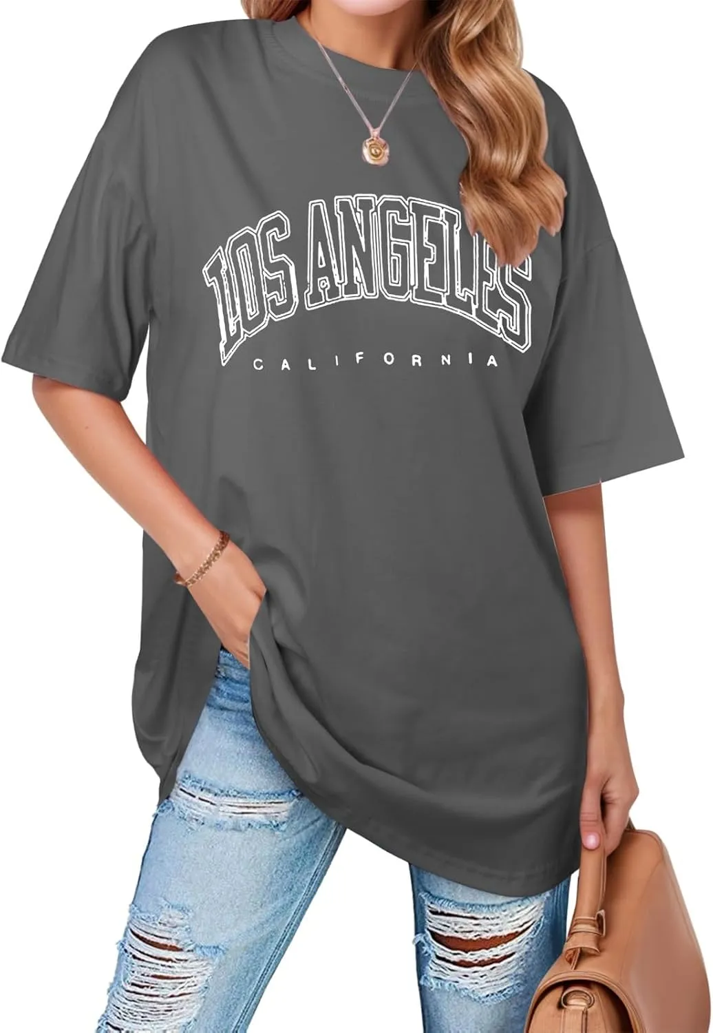 Women's Summer Los Angeles California Tees Shirts 2025 Letter Print Trendy Loose Fit Tops Going Out Graphic Casual