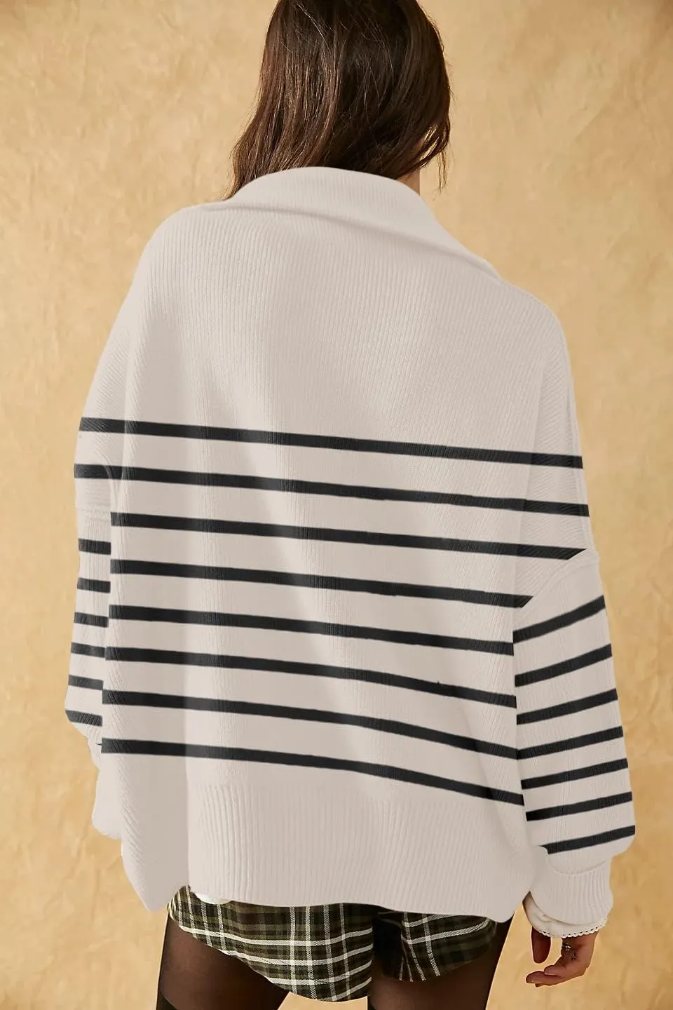 Womens Sweaters Casual Zipper Neck Knit Tops Batwing Sleeve Oversized Sweatshirt Stripes Pullover Sweater Side Split