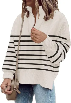 Womens Sweaters Casual Zipper Neck Knit Tops Batwing Sleeve Oversized Sweatshirt Stripes Pullover Sweater Side Split