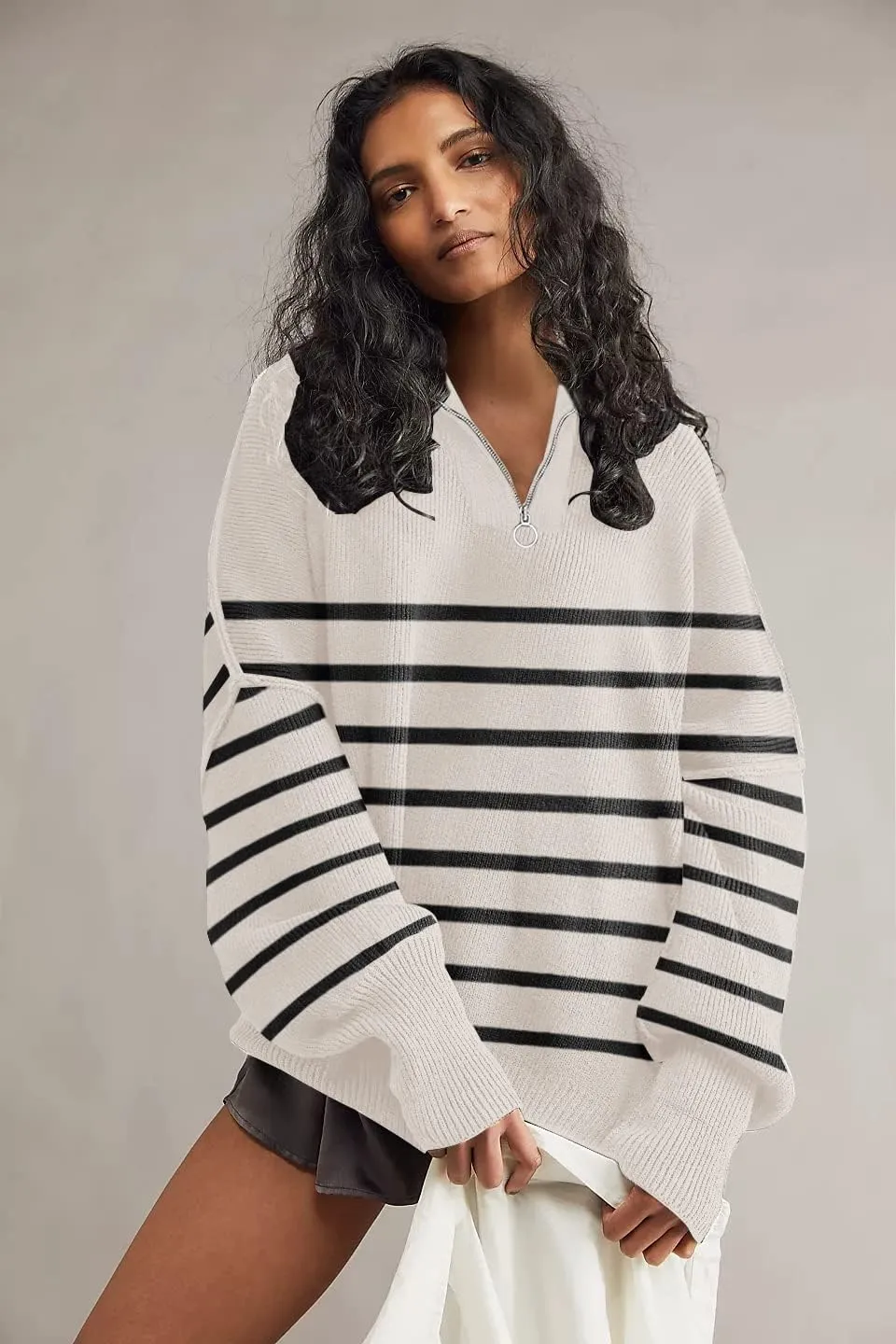 Womens Sweaters Casual Zipper Neck Knit Tops Batwing Sleeve Oversized Sweatshirt Stripes Pullover Sweater Side Split