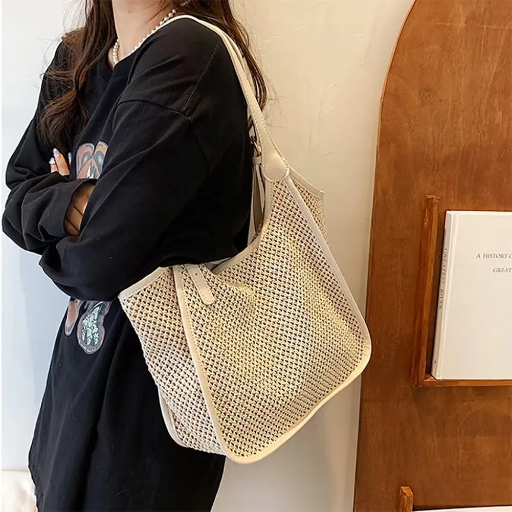 Women’s Woven Tote Bag Large Capacity Shoulder Beach Handbag Casual Top Handle Bag Travel Purse Designer Straw Bag