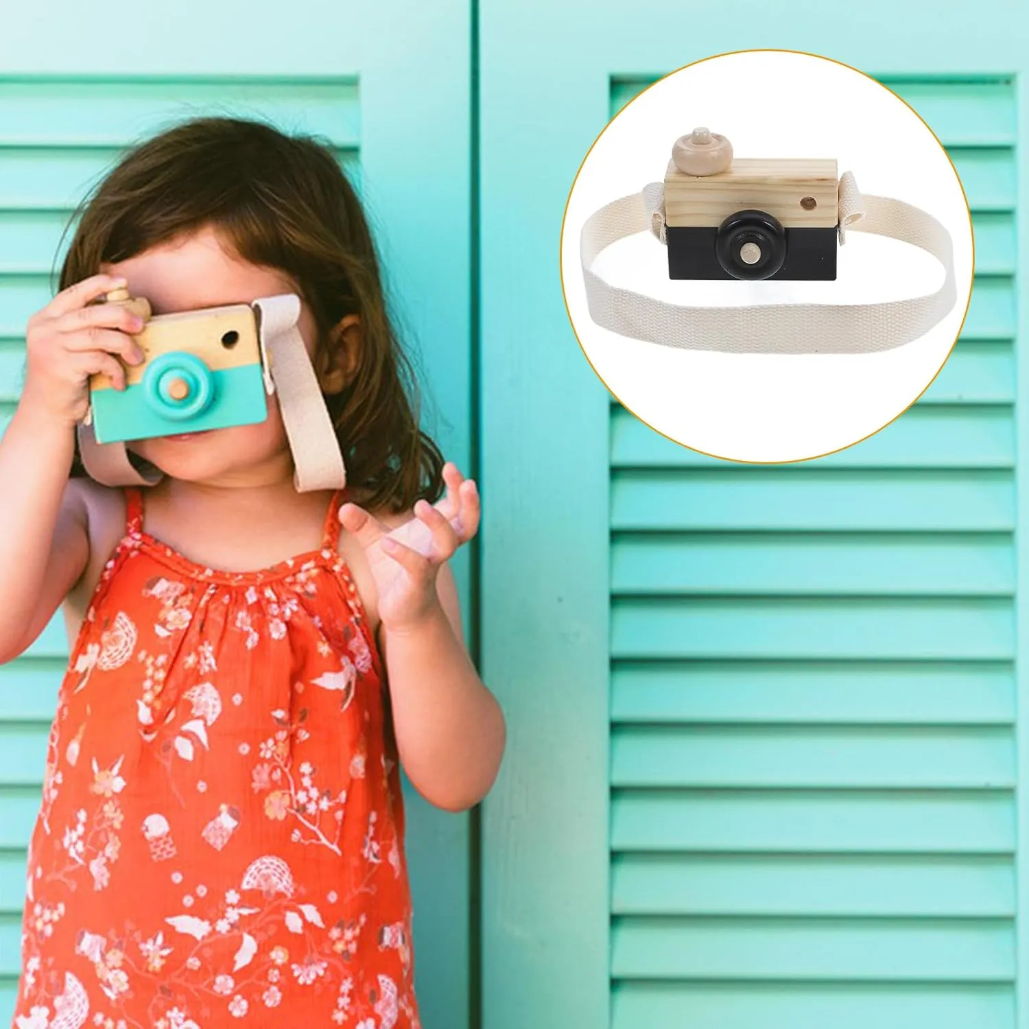 Wooden Camera Toy - 2PCS Simulation Camera Favor Toy Portable Photo Children Intellectual Toys Wooden Small Wood Kids Strap Props