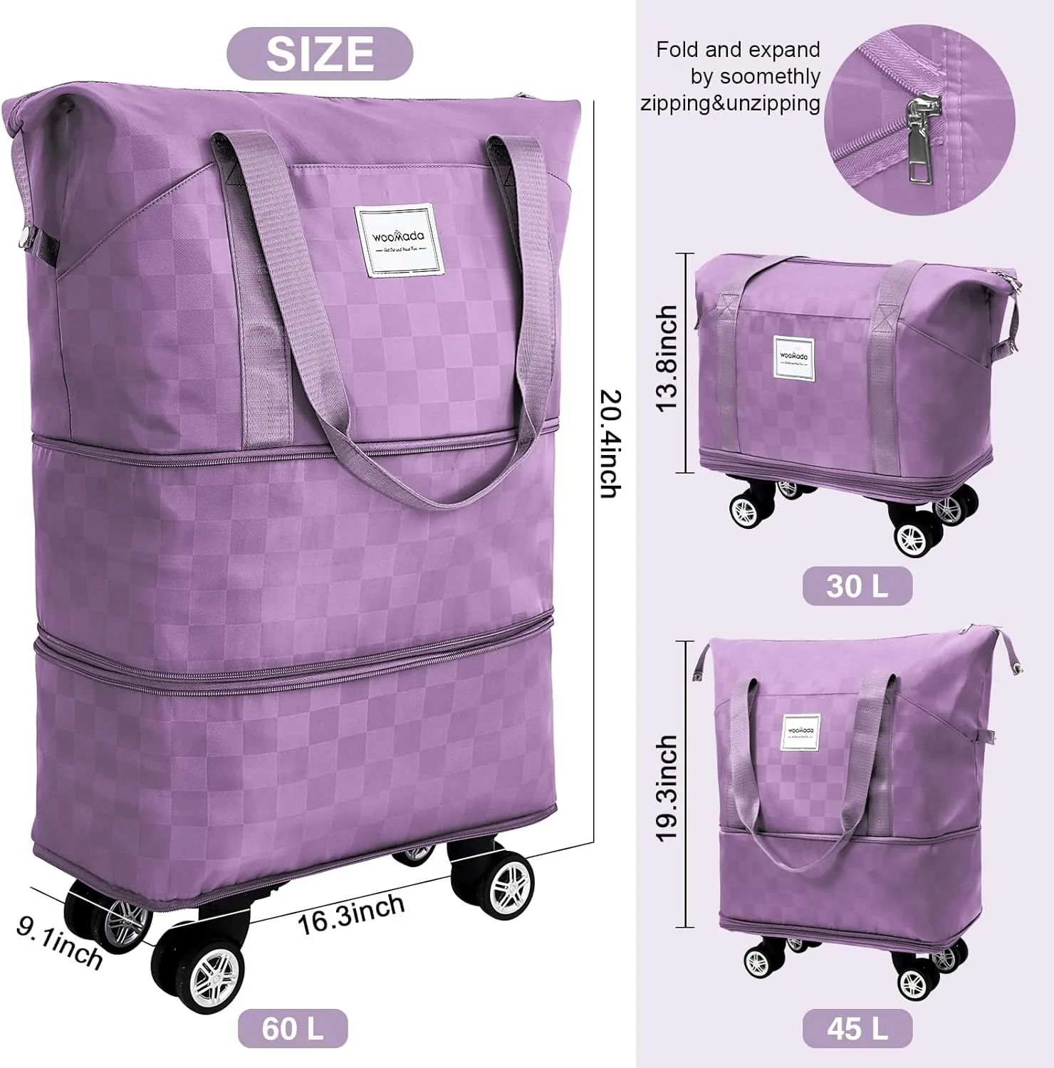 WOOMADA Expandable Foldable Rolling Duffel Bag with Wheels, Detachable Rolling Backpack Weekend Bag for Travel, Gift for Parents, Spouse(Lavender Checkerboard)