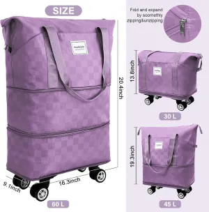 WOOMADA Expandable Foldable Rolling Duffel Bag with Wheels, Detachable Rolling Backpack Weekend Bag for Travel, Gift for Parents, Spouse(Lavender Checkerboard)