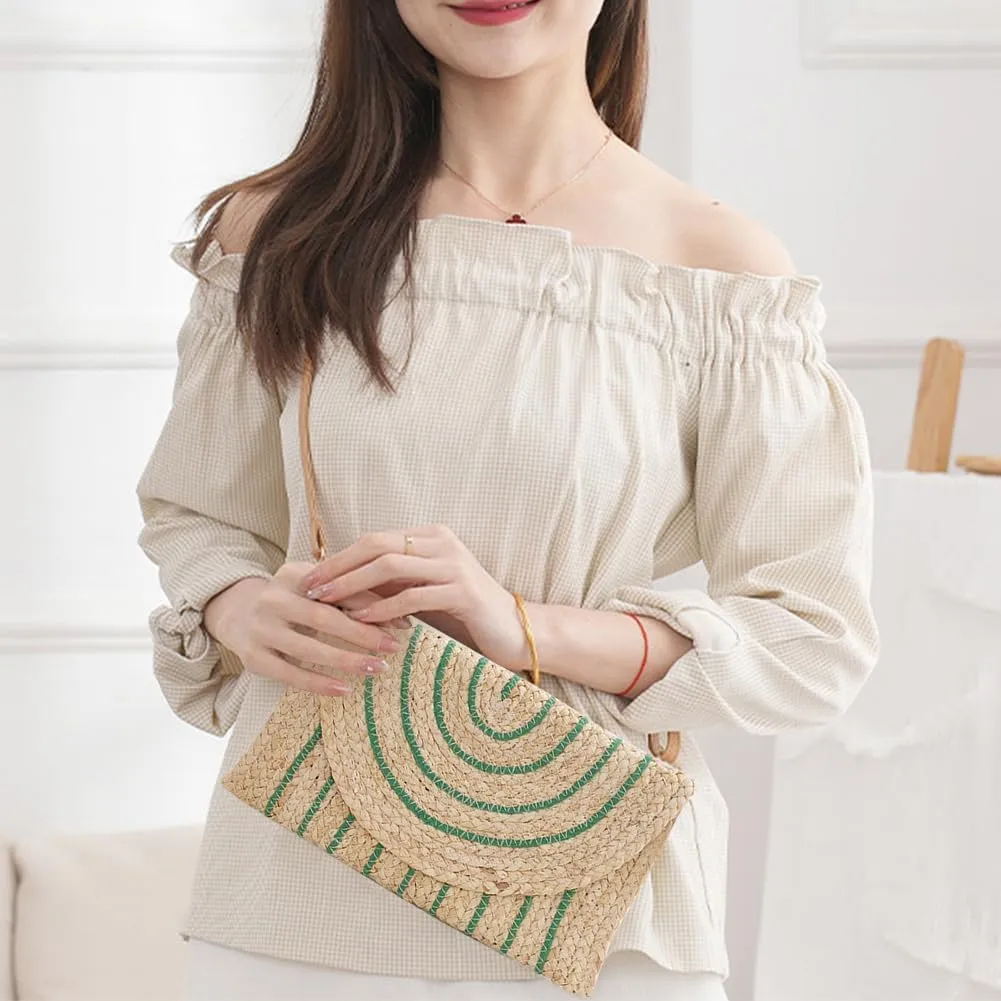 Woven Shoulder Bag with Adjustable Strap Trendy Crossbody Bag Flap Summer Beach Envelope Wallet Straw Bag for Wome